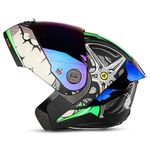 Steelbird SBA-8 Crazy Wheel ISI Certified Flip-Up Helmet for Men and Women (Large 600 MM, Glossy Black Green with Chrome Rainbow Visor)