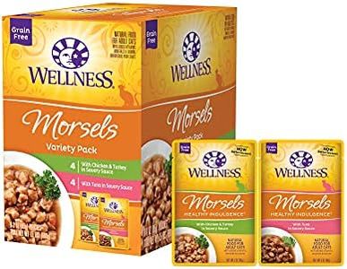 Wellness Healthy Indulgence Morsels Grain-Free Wet Cat Food, Made with Natural Ingredients and Quality Proteins, Complete and Balanced Meal, 3 oz Pouches (Morsels Variety Pack, 8 Pack)