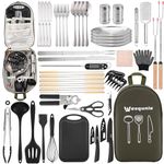 Wesqunie Camping Kitchen Cooking Utensil Set, 50Pcs Silicone & Stainless Steel Outdoor Cooking and Grilling Utensil Organizer, Camping Plates Travel Set Perfect for RVs, BBQs, Picnics, Parties