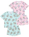 Pusheen Girls Pyjama Set | 2 Pack Multicoloured Short Sleeve T-Shirt with Shorts Nightwear PJs For Kids | Pink & Blue Cartoon Cat Pyjama | Cute Sleepwear Merchandise Gift for Children & Teens