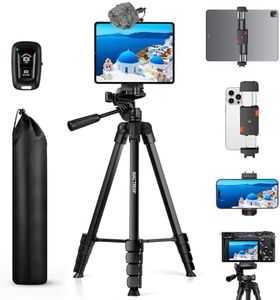 MACTREM iPhone iPad Tripod Stand, 67" Phone Tripod for iPad Tablet Camera with 2 in1 Holder Remote Carry Bag, Aluminum Extendable iPhone Stand for Video Recording/Selfies/Live Stream/Vlogging