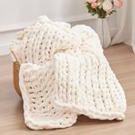 Chunky Knit Throw Blanket, 50''*60'' Knitted Throw Blankets for Bed Couch, Handmade Thick Cream Crochet Blanket Big Thich Blanket, Machine Washable Cute Comfy Blanket for Home Decor