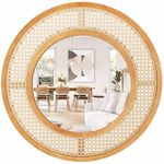 Giantex Rattan Round Wall Mirror, 65cm Wooden Framed Mirror with Aluminum Glass, Metal Hook & Expansion Screws, Decorative Mirror for Living Room, Fireplace, Bedroom, Entryway, Natural