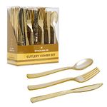 STACKABLES ~ 96 Piece Polished Gold Plastic Cutlery Set ~ Plastic Spoons Forks & Knives 32 of Each ~ Reusable Elegant Party Flatware