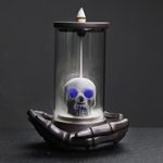 ChangWanna Skull Incense Burner Holder - Backflow Waterfall Cone Incense Holder, LED Ceramic Unique Skeleton Incense Burner with 15 Incense Cones for Halloween/Aromatherapy/Yoga/Home/Room/Office Deco