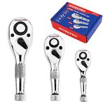 WORKPRO 3-Piece Stubby Ratchet Set, Quick Release Reversible, 1/4", 3/8", 1/2" Drive Mini Ratchet Handle, Small Ratchet Set, Chrome Alloy Made, CR-MO Head, 72-Tooth, Full Polished