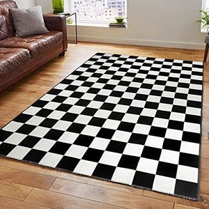 Seavish Checkered Rug,5x6.5 Ft Black and White Outdoor Rug Moroccan Checkerboard Mat Washable Runner Rug Cotton Woven for Hallway Front Door Bedroom Entryway Kitchen Floor Reversible Area Rugs