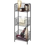 mDesign 3 Tier Vertical Standing Bathroom Shelving Unit, Decorative Metal Storage Organizer Tower Rack Center with 3 Basket Bins to Hold and Organize Bath Towels, Hand Soap, Toiletries - Black