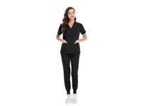 MEDSKIN Scrubs Set for Women - Stretch V-Neck Scrub Top & Jogger Trouser Pants with 8 Pockets (Black, S)