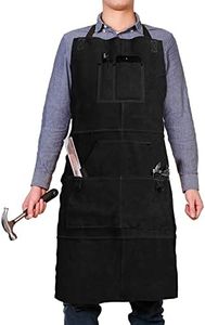 QeeLink Leather Work Shop Apron with 6 Tool Pockets Heat & Flame Resistant Welding Apron, 24" x 36", Adjustable M to XXL (Black)