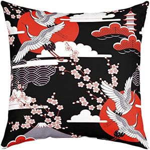 Crane Cushion Cover 40x40cm Set of 1 Japanese Style Throw Pillow Cover Cherry Blossom Pattern Cushion Cover for Adults Women Girls Japanese Traditional Pattern Decor Accent Pillow Case