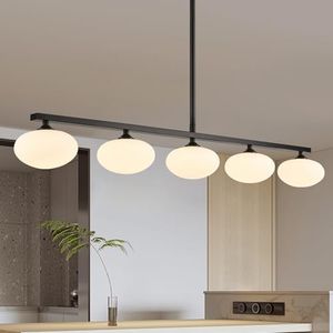 Fang Yan Mei 5-Light Linear Chandelier, Black Kitchen Island Light, Mid Century Globe Chandelier, Dining Room Light Fixture with Milk Glass Shades
