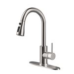 BASDEHEN Single Handle High Arc Brushed Nickel Pull Out Kitchen Faucet, Single Level Stainless Steel Kitchen Sink Faucet with Pull Down Sprayer and 10 Inch Deck (Brushed Nickel)