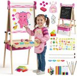 BlueWood Easel for Kids, Drawing Double Sided 4-in-1 Painting Art Stand, Adjustable Wooden Easel Set Toddlers, Magnetic Whiteboard & Chalkboard with Paper Rolls for 3-8 Child, Rose Red
