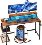 Furologee Desk with Power Outlets and LED Lights, 47" Computer Office Desk with Shelves and Fabric Drawer, Reversible Gaming Study Table with Monitor Stand and Hooks, Rustic Brown