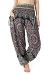 Lannaclothesdesign Women's Smocked Waist Boho Flowy Yoga Harem Pants Hippie Clothes, Black White Mono Mandala, Small