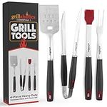 Grillaholics BBQ Tools Set - 4-Piece BBQ Grill Tools Kit - Heavy Duty Stainless-Steel Barbecue Grilling Utensils - Premium BBQ Accessories for Barbecue - Spatula, Tongs, Fork, and Basting Brush