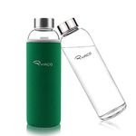 RYACO Borosilicate Glass Water Bottle 550ml BPA-Free Leak Proof Ideal for School Home Office Travel Sport Yoga Gym Hot Cold Drinks with Portable Neoprene Carrying Sleeve and Sponge Brush