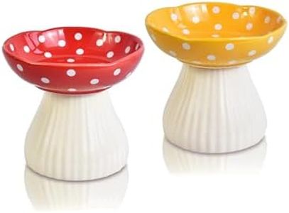 XJYYLX Elevated Mushroom Cat Bowls Ceramic 2 Pack, Raised Cat Bowl for Indoor Cats, Cute Whisker Fatigue Cat Bowl, Raised Dog Bowl Stand for Food and Water, Red+Yellow 6" Wide for Adult Cats