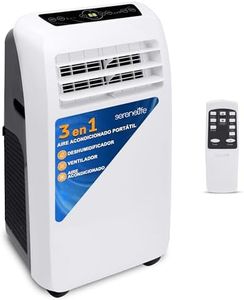 SereneLife Aire Acondicionado Portátil, 9.000 BTU, Móvil, Silencioso, Deshumidificador, Ventilador, Kit Escape Ventana, Control Remoto, Blanco, Portátil Para Casa y Oficina