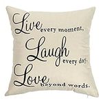 Ogiselestyle Live Every Moment Laugh Every Day Love Beyond Words Motivational Sign Cotton Linen Home Decorative Throw Pillow Case Cushion Cover with Words for Book Lover Sofa Couch 18" x 18"