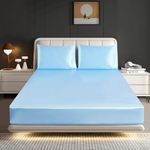 Hadi London Silk Satin Fitted Sheet Set with 2 pillowcases - Extra Deep 40cm Ultra-Soft, Available in Single, Double, King | Luxurious White Bedding and Multiple Colors (SKY-BLUE, KING)