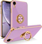 Elexal iPhone XR Silicone Case for Women Girls iPhone XR Phone Case with Ring Holder 360° Kickstand Slim Luxury Bling Plating Soft TPU Anti-Scratch Shockproof Bumper Phone Case for iPhone XR - Purple