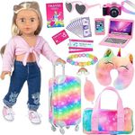 ZITA ELEMENT 23 PCS 18 Inch Girl Doll Accessories Suitcase Luggage Travel Set Including Rainbow Suitcase Rainbow Bag Camera Computer Cell Phone Neck Pillow Eye Mask Glasses (No Doll)