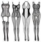 Women's Lace Stockings Lingerie Floral Fishnet Bodysuits Lingerie Nightwear for Romantic Date Wearing (4 Pcs)