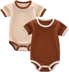 Jimonda Baby Bodysuit, Baby Girls Boys Onesie,Gender Neutral Baby Clothes,Organic Cotton,Pack of 2 (Beige&Brown, 9-12 Months)