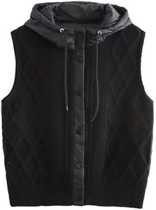 CUFEZN Women's Quilted Hooded Knit Vest Lightweight Padded Sleeveless Jacket Casual Retro Layered Sweater Vest Black Small