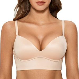 Dobreva Women's Push Up Wireless Bra Padded T Shirt Bras No Underwire Plunge Beige 36C