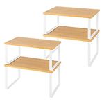 LIANTRAL Kitchen Cupboard Organiser, 4-Pack Cabinet Storage Shelf Organizer Rack, Wood and Metal, Expandable Spice Holder, Stackable Storage Shelves for Cupboard, Countertop,Pantry, Natural and White