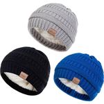 Alepo Fleece Lined Baby Beanie Hat, Infant Newborn Toddler Winter Warm Cute Soft Cozy Chunky Thick Thermal Knitted Kids Cap for Boys Girls (3 Pack Black&Light Gray&Blue)