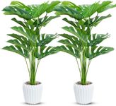 Set of 2 Large Fake Plants 28" Tall Artificial Monstera Deliciosa in Pot for Home Office Decor