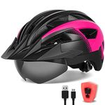 FUNWICT Adult Bike Helmet with Visor and Goggles for Men Women Mountain Road Bicycle Helmet Rechargeable Rear Light Cycling Helmet (L: 57-61 cm (22.4-24 inches), BlackPink)