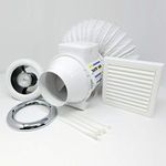 Complete Shower Fan Bathroom Kit 100mm (4 inch) dia Led Light Chrome & White Bezel with Run On Timer Steam Damp Condensation Control Low Noise Bathroom Toilet En-Suite 4.6w MR 16 4000k 12v Angle Light