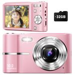 Qumcou Upgrade Digital Camera, 50MP Point and Shoot Camera, Full High Definition 1080P Camera with 16x Zoom Anti Shake, Kids Camera with 32GB SD Card,2 Batteries-Pink