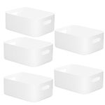 W&H 5 PCS White Plastic Storage Baskets with Handle, Medium Kitchen Cupboard Organiser Box, Storage Boxes for Shelves, Plastic Boxes for Bathroom, Kitchen, Office, School and Toy -25×17×10cm