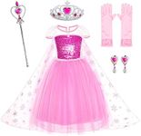 Party Chili Pink Princess Dress Costumes Birthday Dress Up for Little Girls with Crown,Mace,Gloves Accessories 10-12 Years(150cm)