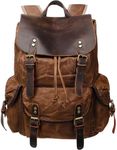 HuaChen Rugged Leather and Waxed Canvas Backpack for Men, Shoulder Rucksack for Travel Laptop School Hiking (M80_Brown)