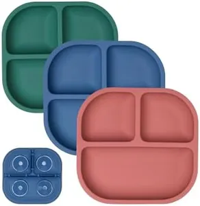 Babelio Powerful Suction Plates for Baby and Toddler, 100% Food Grand Silicone Divided Baby Plates, BPA Free, Microwave & Dishwasher Safe, Stay Put with 4 Suction Cups, 3 Pack