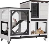 Aivituvin Rabbit Cage Indoor Outdoor Bunny Hutch on Wheels, 2 Story Wood Guinea Pig Cages with 2 Deeper Pull Out Trays (Black&White)