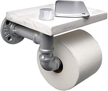 EXCELLO GLOBAL PRODUCTS Industrial Toilet Paper Holder with Distressed White Wooden Shelf and Silver Iron Pipe Hardware for Bathroom, Washroom