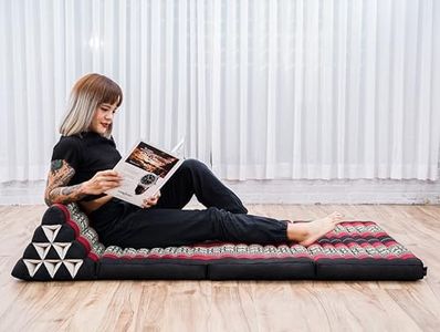 Leewadee Comfortable Japanese Floor Mattress - Thai Floor Bed with Triangle Cushion - Futon Mattress - XL Extra Wide Thai Massage Mat, 170 x 80 cm, Black Red, Kapok Filling