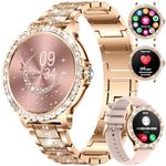 Women's Smart Watch Bluetooth Phone Calls for Android iOS 100+ Sport Fitness Tracker 1.32" HD Female Smartwatch Heart Rate Sleep Monitor Diamond Ladies Smartwatch Rose Gold Steel,2 Watch Straps