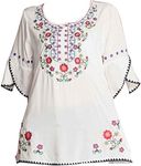 Ashir Aley Mexican Shirts Peasant Blouses Cotton Embroidered 3/4 Sleeve Bohemian Tops Boho Clothes for Women Summer and Fiesta White