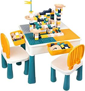 GobiDex 7 in 1 Multi Kids Activity Table Set with 2 Chairs and 100 Pcs Large Size Blocks Compatible with Classic Blocks.Water Table,Sand Table and Building Blocks Table for Toddlers Activity