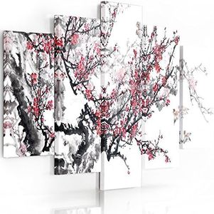 Feeby Cuadro En Lienzo 5 Piezas Cerezo Japonés 150x100 cm Tipo A Modernos Impresión Artística Calidad Fotografica Imagen Decoración de Pared Salon Dormitorio Cocina Oficina Pasillo Blanco Rojo Negro