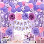 ZERODECO Pink Purple Birthday Party Decorations for Women Girls, Happy Birthday Banner Pompoms Balloon Arch Fringe Curtain Party Décor for Baby Girls Women Purple Pink Birthday Party